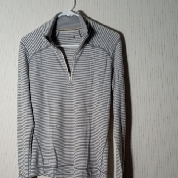Smartwool Sweaters - Smartwool Women's Gray and White Striped Zip-Neck Sweater